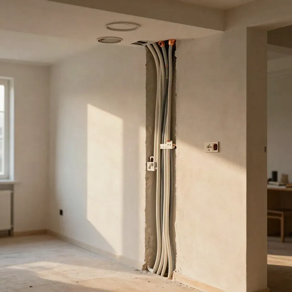 Offene Elektroinstallation mit Kabeln und Deckenauslässen in heller Berliner Baustelle.