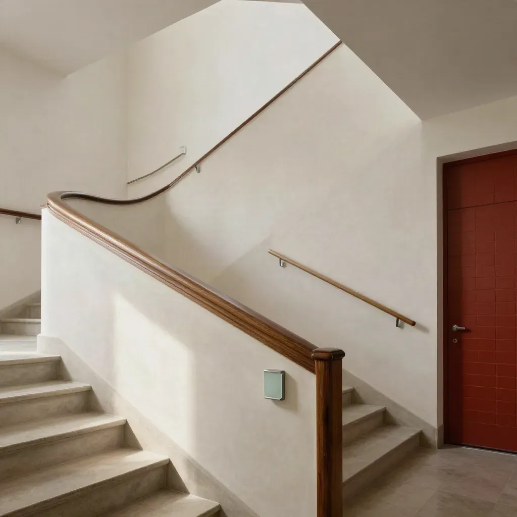 Modernisiertes Treppenhaus in Charlottenburg mit frischem Putz, Holzgeländer und neuen Leuchten.