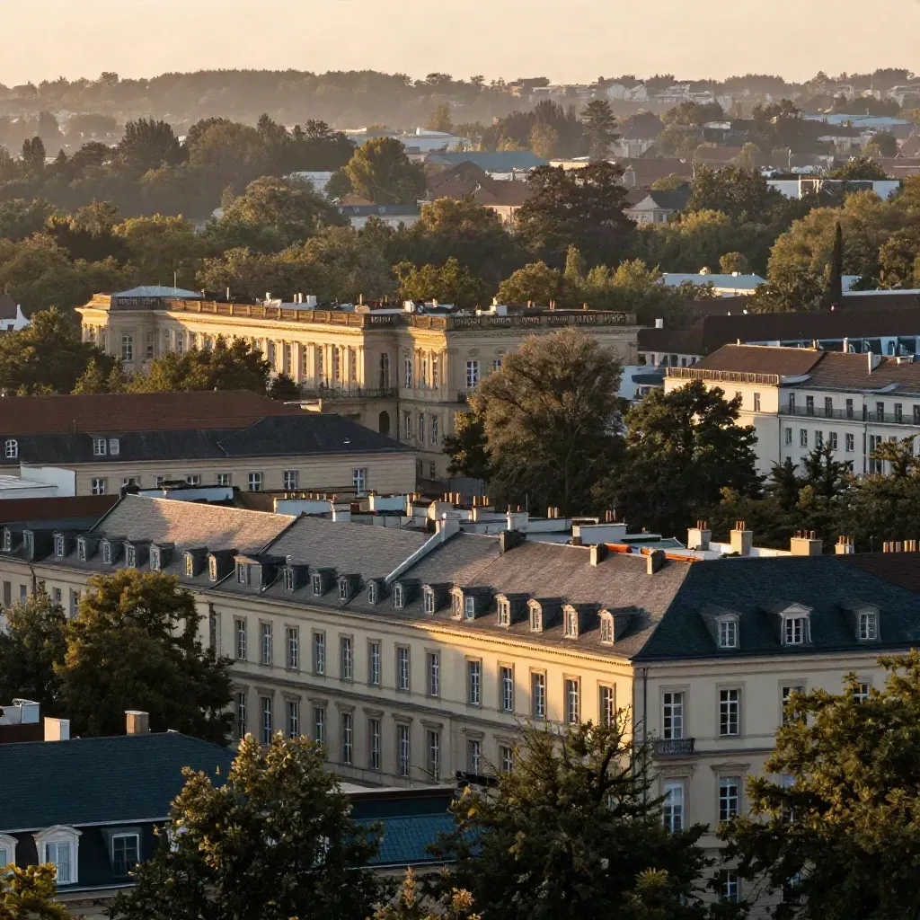 Luftaufnahme von Charlottenburger Dächern und dem Schlossrand im Abendlicht