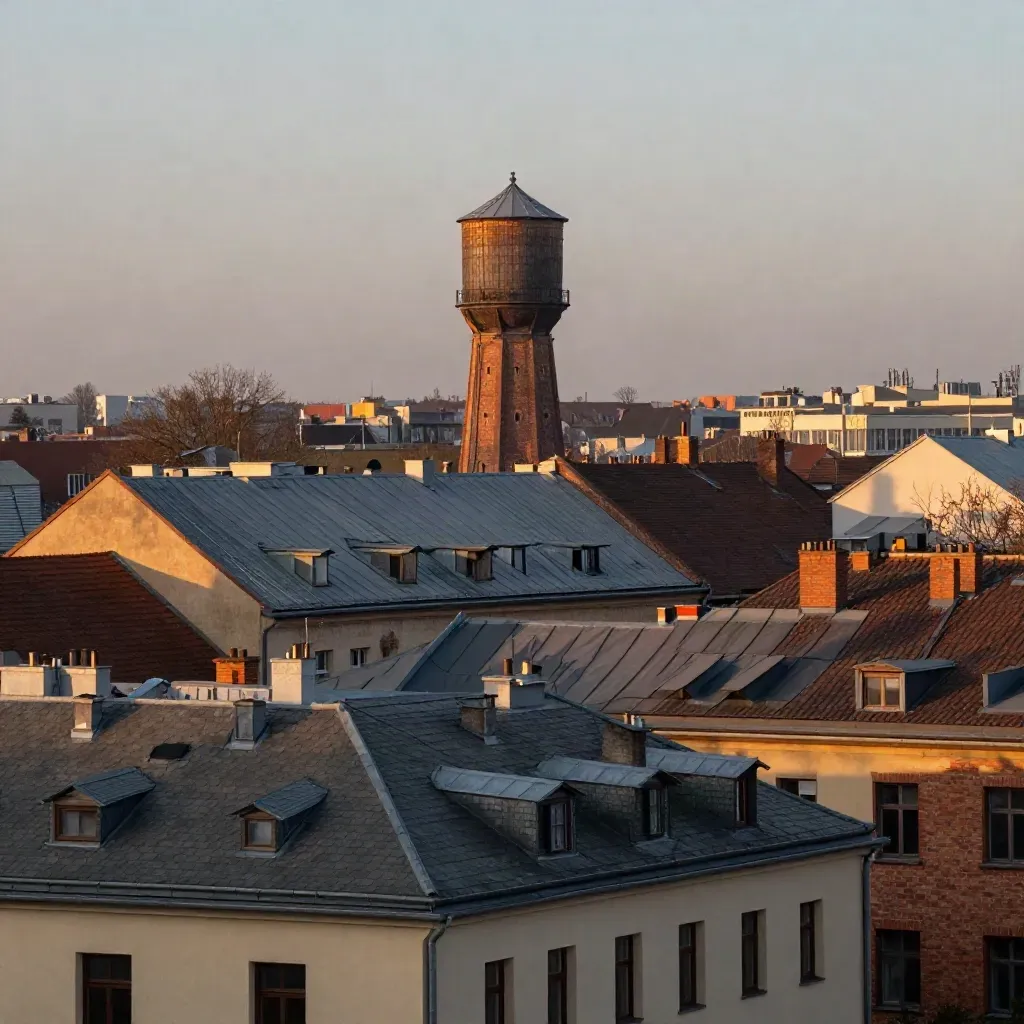 Blick über Prenzlauer Berg und Friedrichshain mit Wasserturm und Dächern in Abenddunst